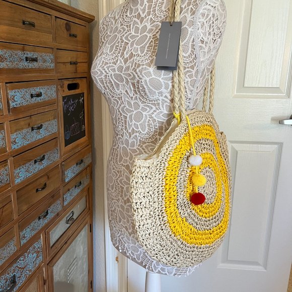 Expressions NYC - Round Straw Vegan Slouchy Tote - Yellow / Beige - Picture 3 of 9